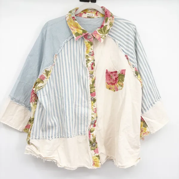 POL Womens Mixed Patchwork Floral Striped Boho‎ Oversized Button Up Shirt Size L - Image 2