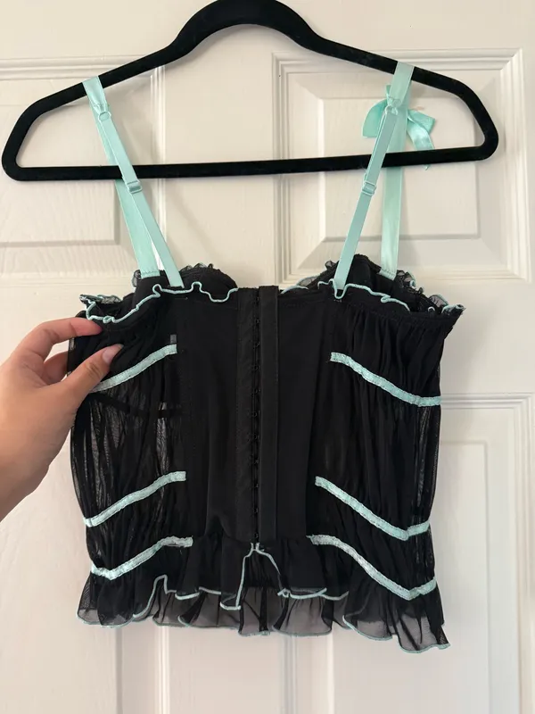 Y2K Bebe Blue and Black Bow Detail Ruffle Trim Corset Bustier Top - Image 5