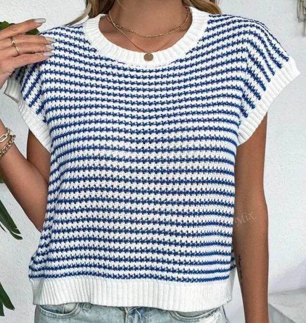 SheIn Knit Mix Striped Round Neck Loose Knit Top - Image 3