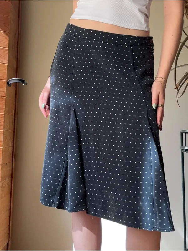 100% Silk Polka Dot Navy Midi Skirt Blue Size M - Image 7