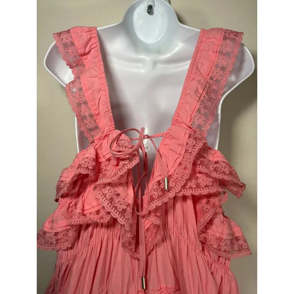Unbranded Tiered Ruffle Mini Dress Pink Lace Trim Cotton Romper Small - Image 5