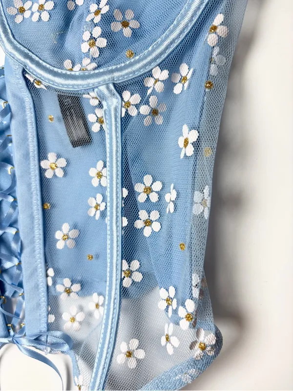 Lace Fairycore Romantic Corset Bustier Cami Top Size Small Blue Daisy Floral - Image 4