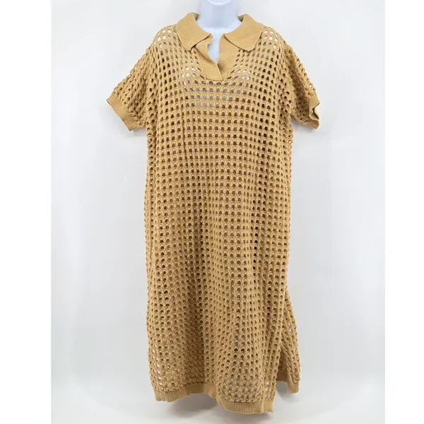 NWT Dressed In Lala Open Knit Polo Midi Dress Large Taupe Tan Crochet Cover Up - Image 3