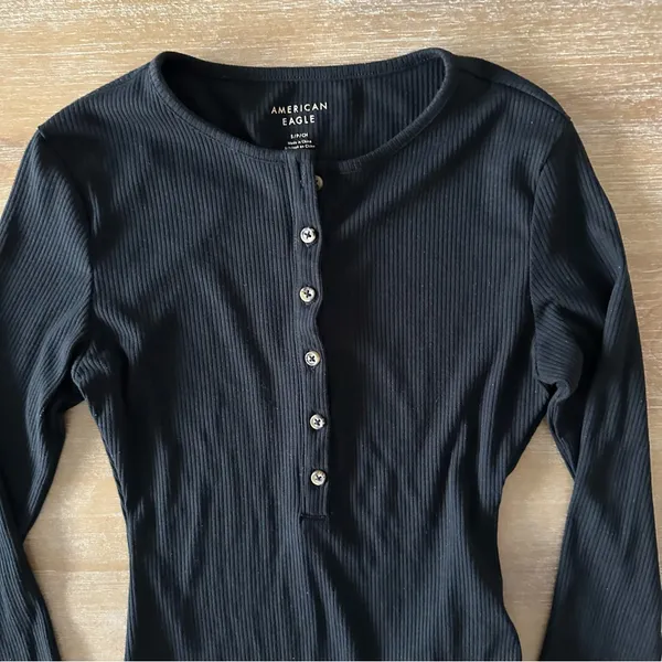 American Eagle Black Ribbed Henley Bodysuit - Image 3