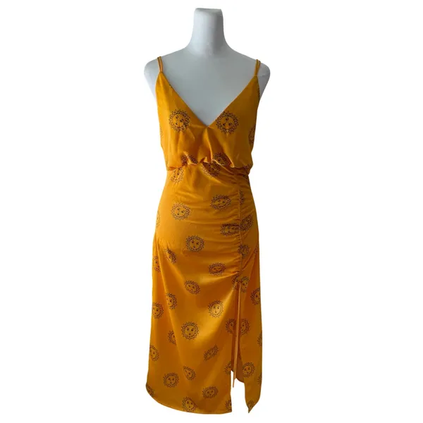 Urban Outfitters Golden Sun Print Deep V-Neck Sleeveless Ruched Slip Midi Dress - Image 3