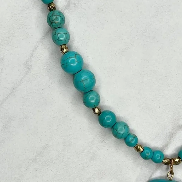 Faux Turquoise Beaded Slab Tassel Pendant Gold Tone Necklace - Image 4