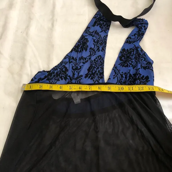 Plus size Black blue halter floral mini slip on tie back sexy lingerie top mini dress sheer choker neckline Size 1X /2X -excellent condition. Measurement in pics(stretchy) - Image 5