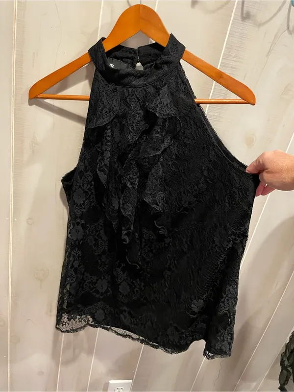 Cute Y2K lace ruffle high neck sleeveless top lined AB Studio whimsigoth tuxedo - Image 6