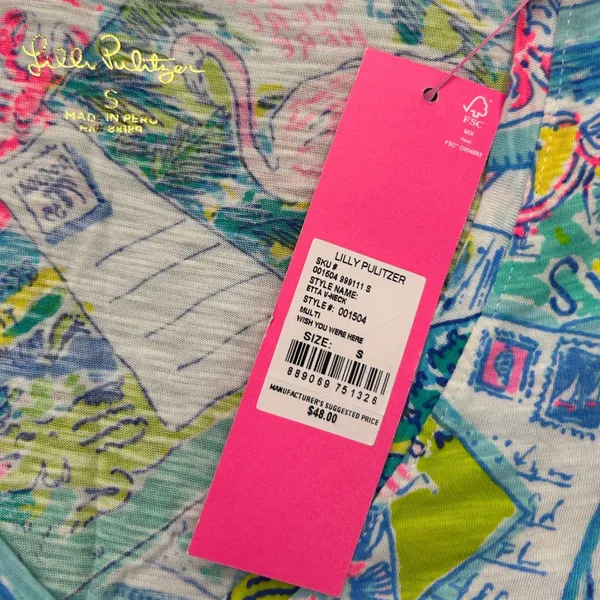 Lilly Pulitzer Etta V-Neck Top Multi Wish You Were Here Postcard Print Small NEW - Image 2