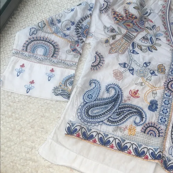 Zara Embroidered Floral‎ Fish Turtle Bird V-Neck Blouse Oyster White Small - Image 7