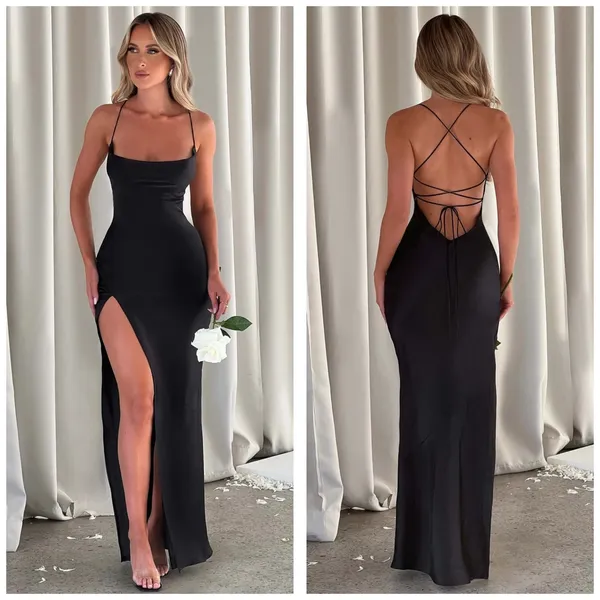 Babyboo Misha Maxi Dress Size Small Black Satin Formal Lace Up Back Wedding - Image 2