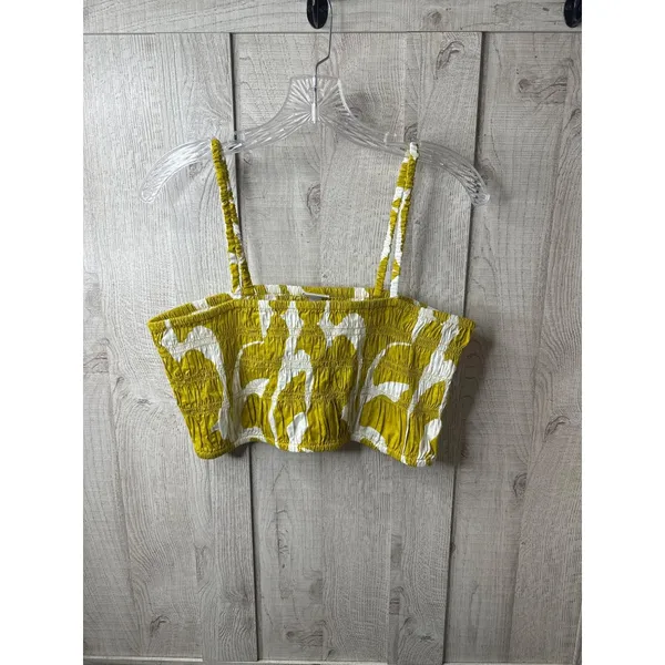A New Day Womens Yellow & White Smocked Crop Top XL Adjustable Straps Cruise - Image 2