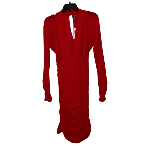 By Anthropologie‎ V Neck Ruched Mesh Midi Dress Red Size XL - Image 2