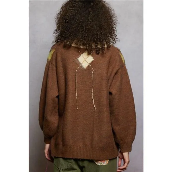 POL V-Neck Argyle Pattern Mohair Sweater with‎ Contrast Exposed Stitch Detail - Image 5