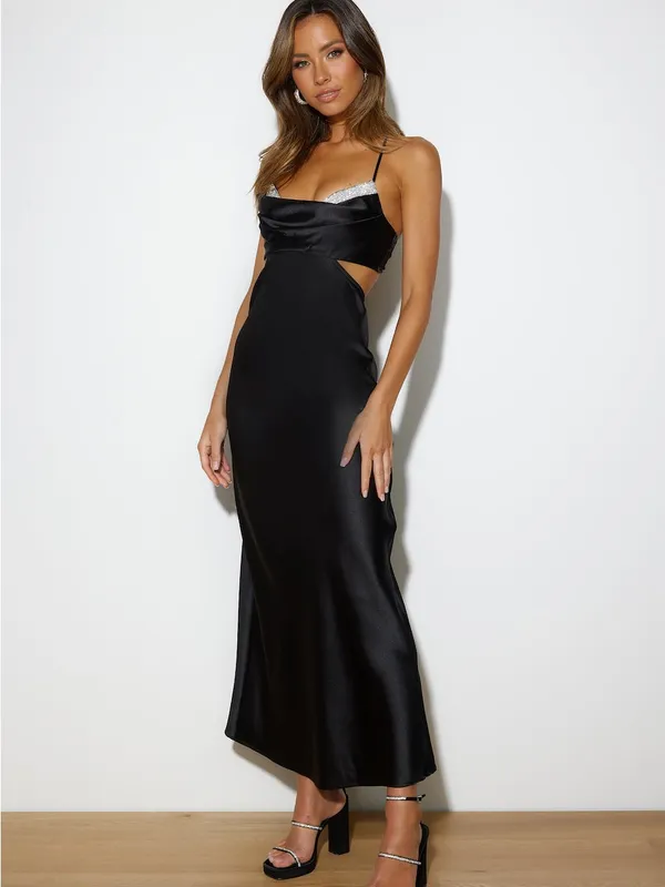 Hello Molly Black Satin Spaghetti-Strap Cutout Maxi Dress with Silver Trim SZ 4 - Image 2