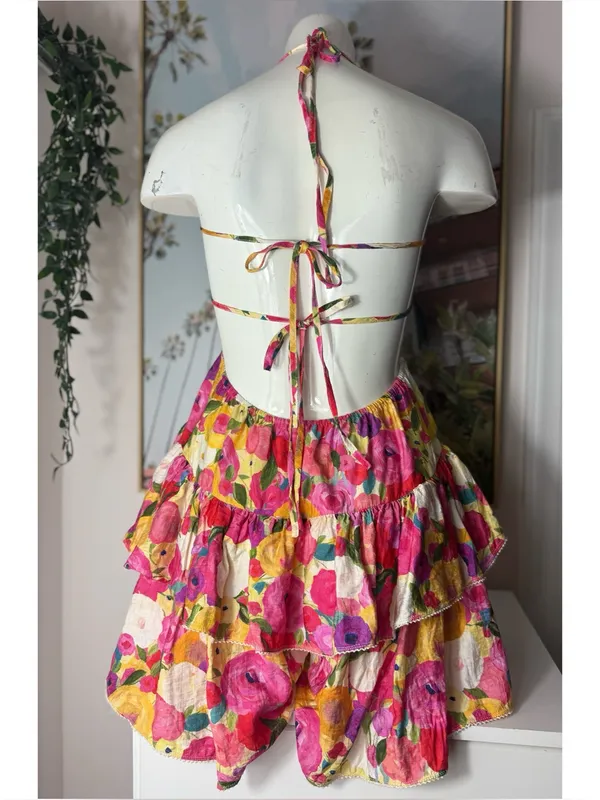 Luxxel Pink Yellow Floral Tiered Ruffle Romper Open Back Lace Up Size Medium - Image 8