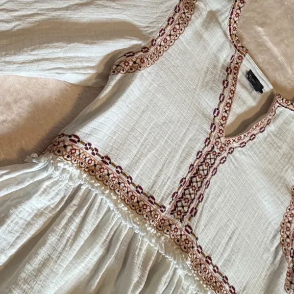 Topshop Ivory Embroidered Boho Peasant Blouse Babydoll Fringe Top US 12 - Image 12
