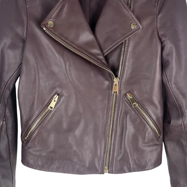 Reiss Leiya Lamb Leather Moto Jacket In Berry Brownish Red Size 4 - Image 6