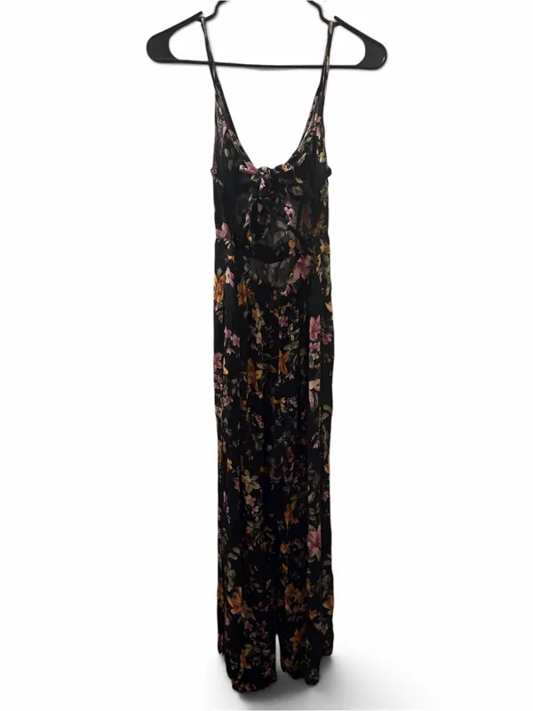 American Eagle Black Floral V-Neck Spaghetti Strap Jumpsuit - Image 4