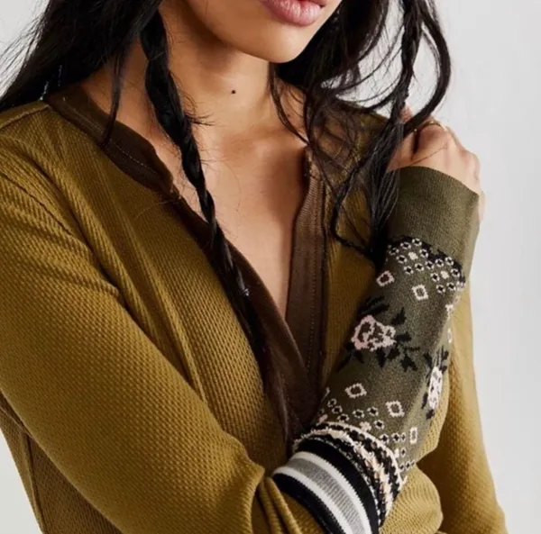 NWT Free People Mikah Layering Cuff Thermal Top Army Combo - Image 2