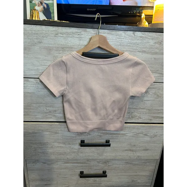 Garage Women Pink Ribbed V-Neck Short Sleeve Crop Top P/S - Image 3