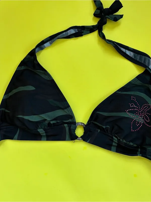 Y2K Camo Pink Triangle Bikini Crop Top Green Size 10 - Image 7