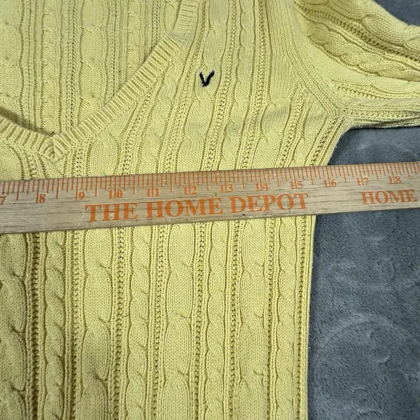 Y2K American Eagle V Neck Fitted Cable Knit Sweater Women Medium Yellow Preppy - Image 10