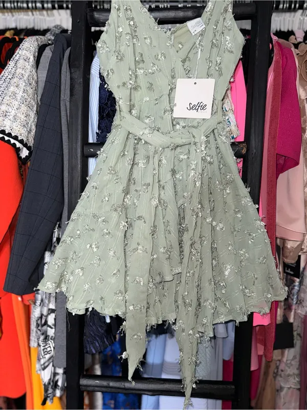 Selfie Leslie Sheri Embellished Chiffon Olive Wrap Mini Dress Medium New NWT - Image 8