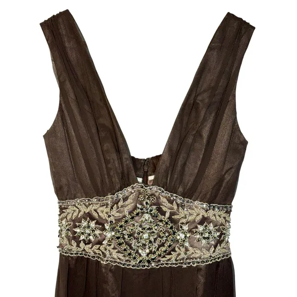 NWT Mandalay Brown Silk Beaded Embellished Maxi Long Gown Evening Dress Size 4 - Image 2