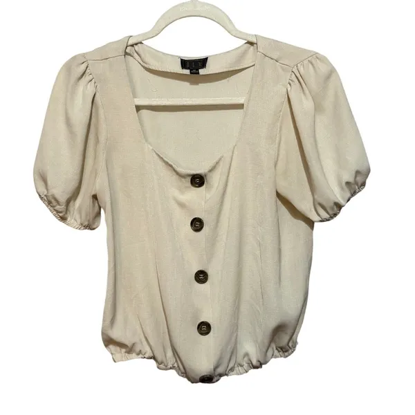 OLM Cream Square Neck‎ Puff Sleeve Cropped Top Sz M - Image 2