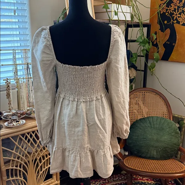Aritzia Wilfred Tempest Natural Oatmeal Organic Linen Smocked Boho Mini Dress - Image 2