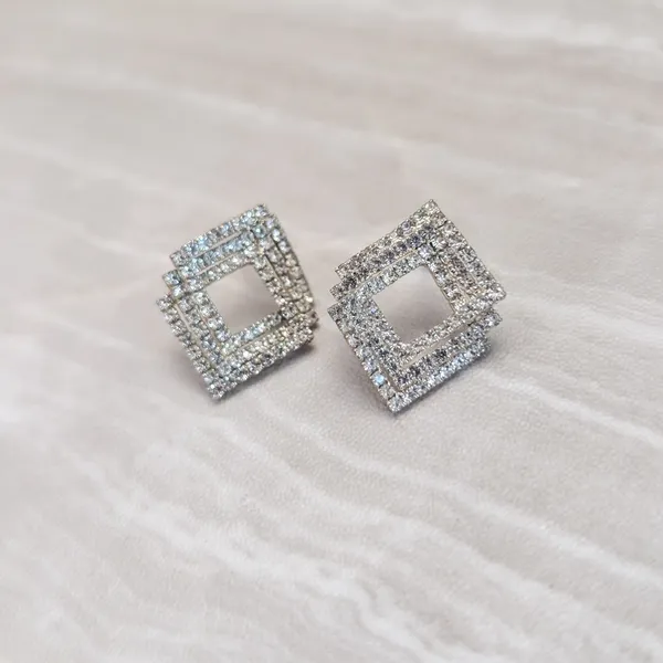Vintage Stud Earrings Geometric Clear Gem Silver Tone - Fair Condition - Image 2