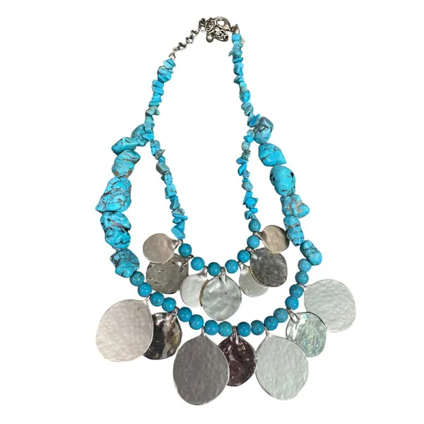 Chicos turquoise Gold metal Statement Boho Bib Tribal metal Knecklace SKU 9577 - Image 8