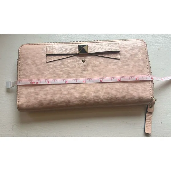 Kate Spade Bow Zip Around Wallet Blush Pink Hatched Leather Clutch Gold Tone - Image 2
