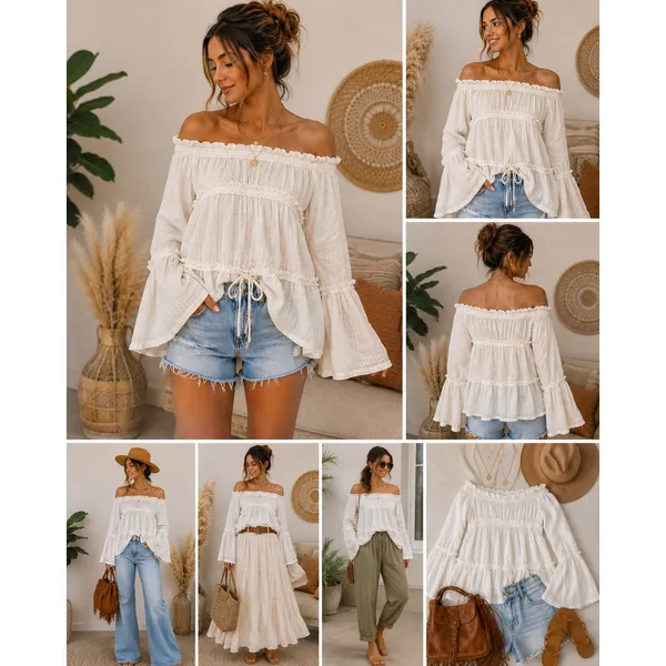Free People Peasant Top S Ivory Cotton Gauze Off Shoulder Bell Sleeve Boho - Image 2