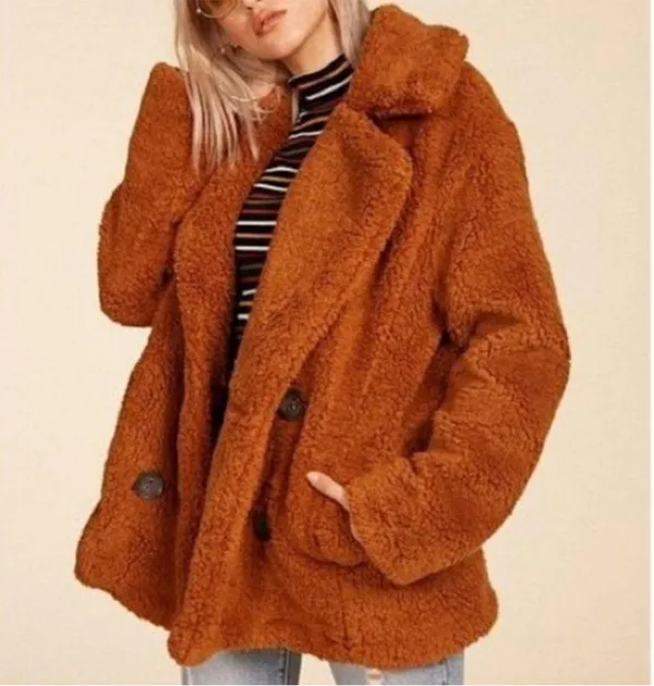 Free People Sherpa Teddy Pea Coat Oversized Burnt Orange Brown Jacket Cozy XS - Image 2
