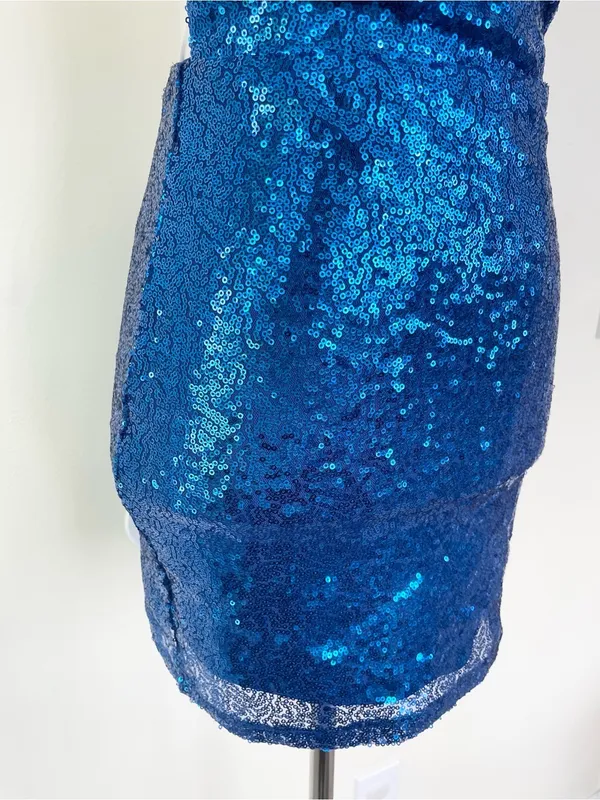 Lucy in The Sky Sequin Bodycon Dress in Blue S Small Open Back Strappy Mini - Image 4