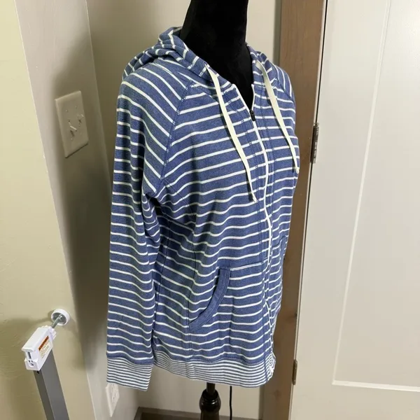 Eddie Bauer Legendwash Blue White Stripe Full Zip Sweater Hoodie Cotton L - Image 3