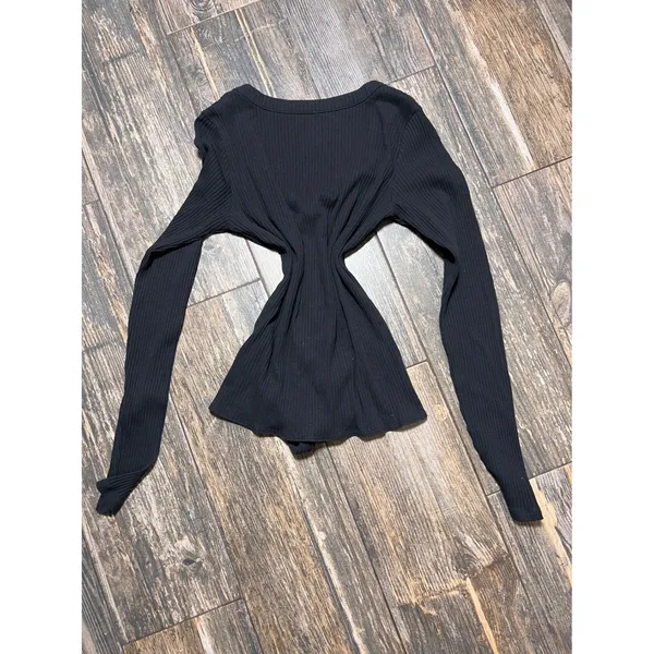 Hollister Black‎ Ribbed V Neck Button Front Tie Waist Long Sleeve Top Medium Y2K - Image 7