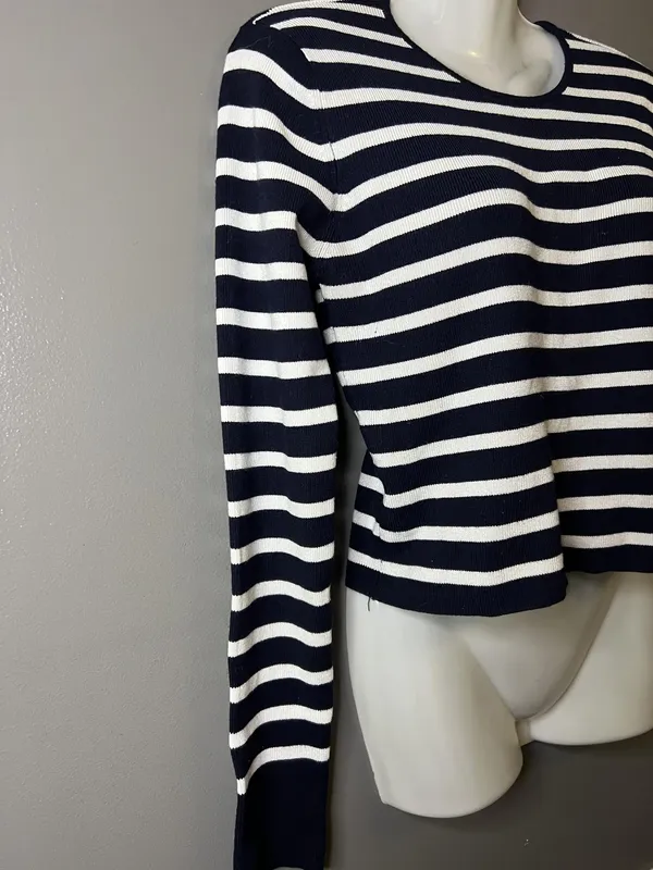 Zara Sweater Womens Large Blue White Striped Crew Neck Long Sleeve Knit Pullover - Image 3