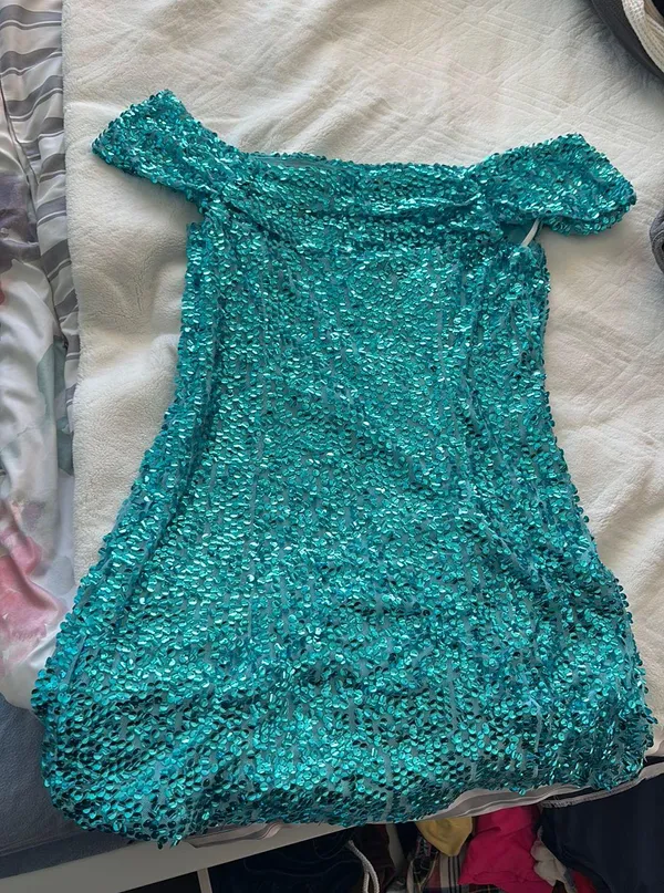 Glittering Nights Aqua Blue Sequin Off-the-Shoulder Mini Dress - Image 2
