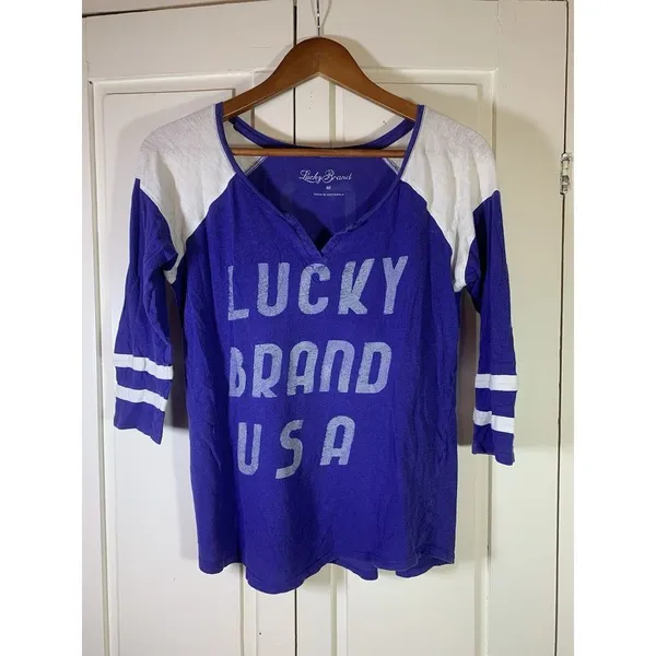 Y2K Lucky Brand Shirt Womens XS‎ Colorblock Purple Sporty 3/4 Sleeve READ - Image 3