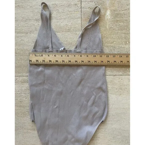 Wishlist Ribbed V-Neck Bodysuit Sleeveless Light Basic Tank‎ Leotard L - Image 3