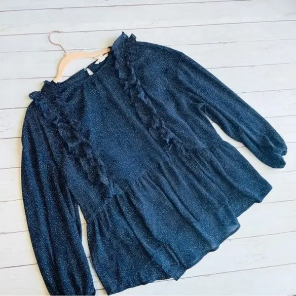 H&M Blue White‎ Printed Ruffled Long Sleeve Blouse Size 14 - Image 4
