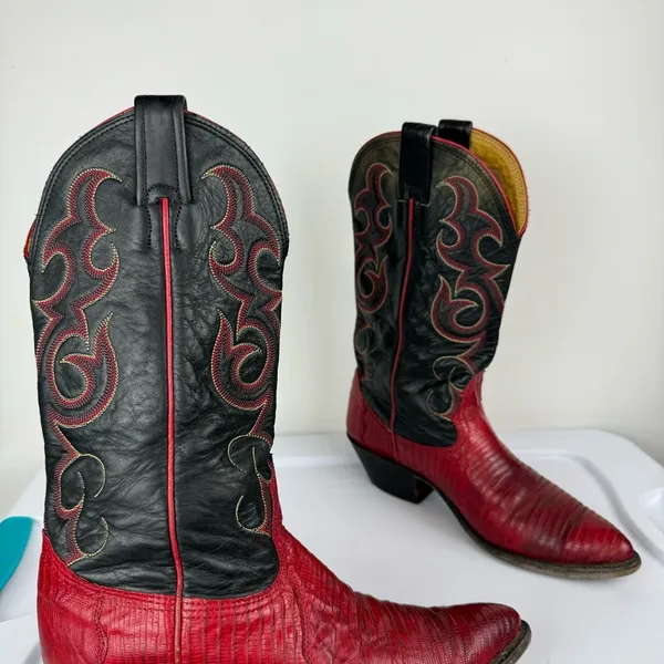 Vtg Nocona Red Black Lizard Leather Westerm Cowgirl Boots Sz 7B - Image 6