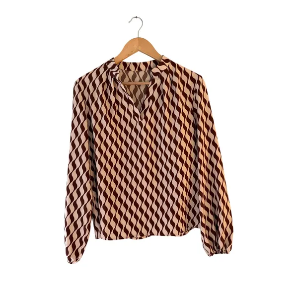 Brown Cream Abstract Wave Print Blouse Long Sleeve Retro Boho Statement - Image 2