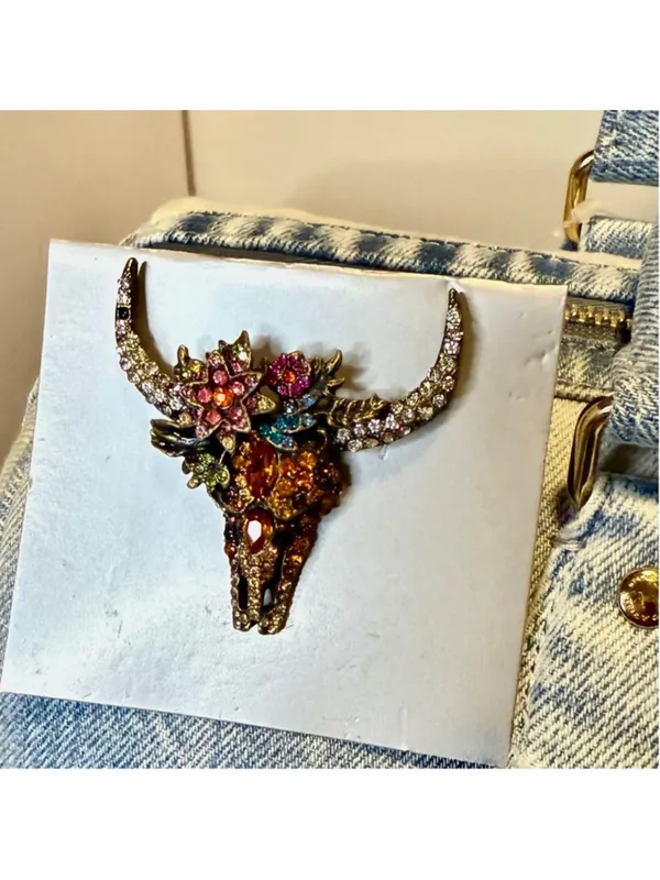 NEW Longhorn Skull Floral Rhinestone Brooch Western Statement Bag Charm Pin NWT - Image 5