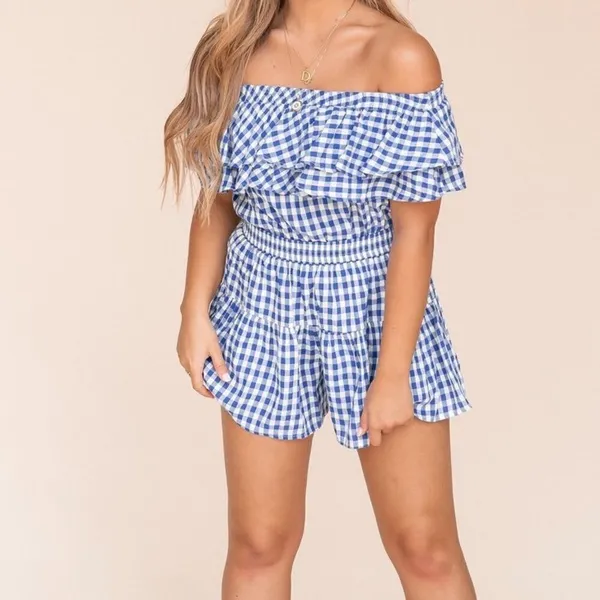 ✨ Catch Up Off Shoulder Gingham Set✨ Blue Size L - Image 6