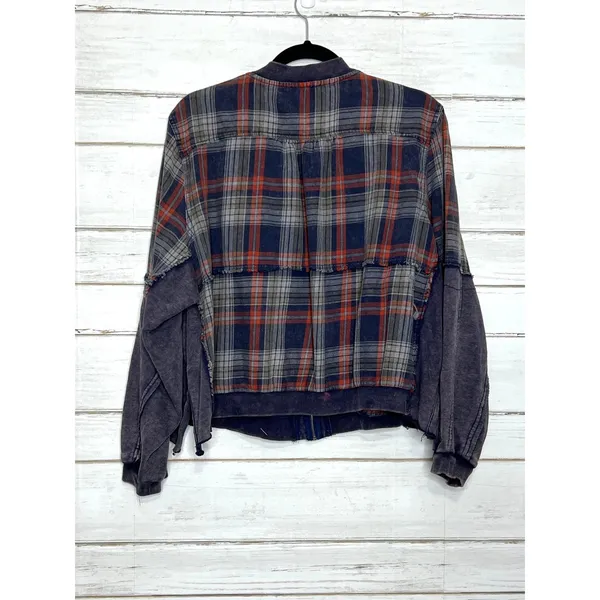 Oli & Hali Plaid Blue Bomber Jacket Small Full Zip Mixed Media Shacket - Image 3