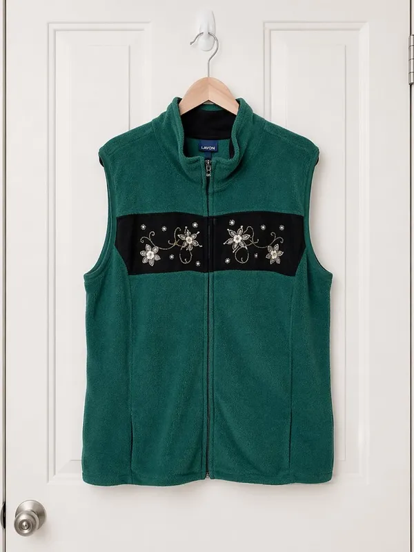 Basic‎ Editions Green Fleece Vest Snowflake Embroidery Zip Up Collar Winter XL - Image 2
